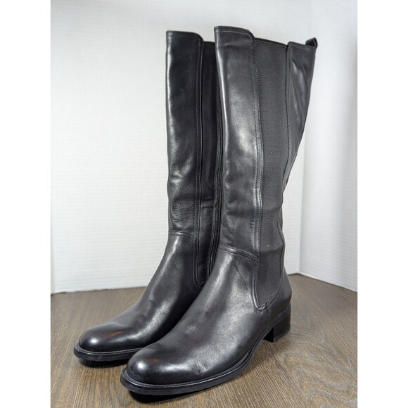 Santana Canada Leather Tailored Knee High Boots Womens 9M Black Side Zip Stretch - Picture 1 of 16